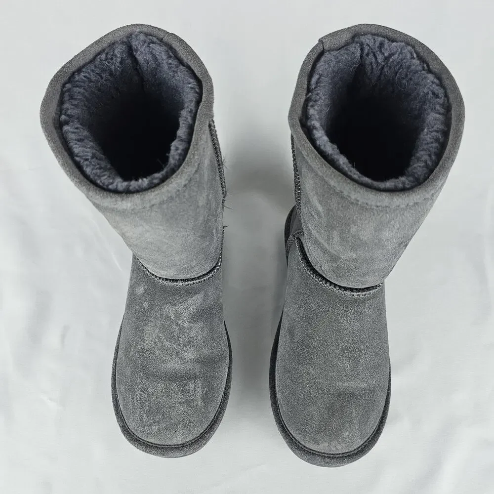 Bearpaw Emma Short Suede Winter Boots Gray Women’s Size 7 Sheepskin Lined